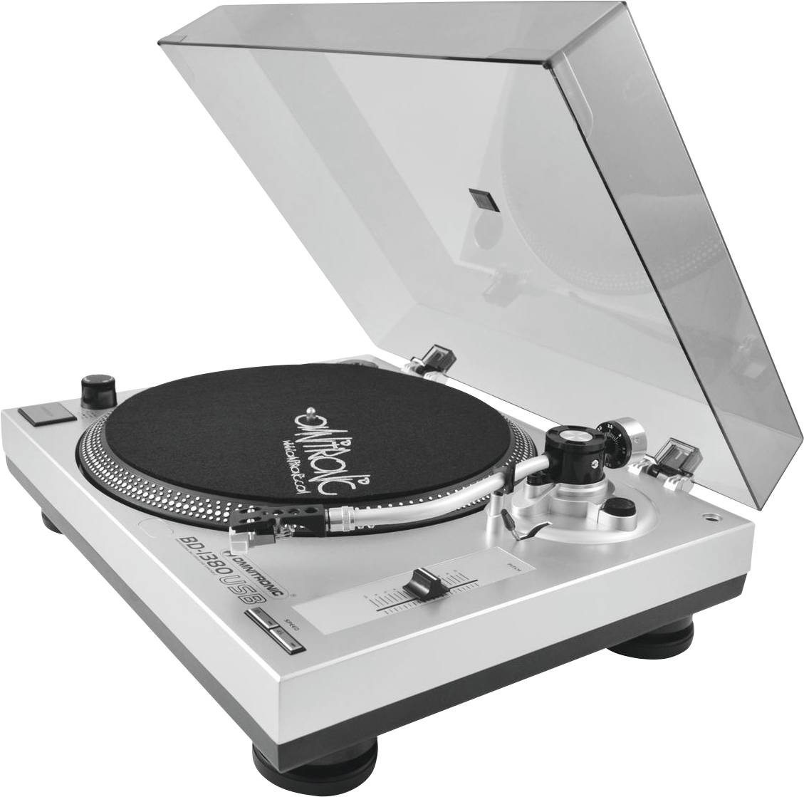 Record player with dust cover, black mat, and silver tonearm, ready to play vinyl records.
