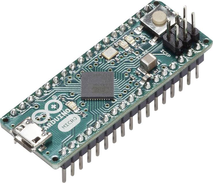Arduino Micro-style microcontroller board with USB connector, pin headers, and electronic components on a white background.