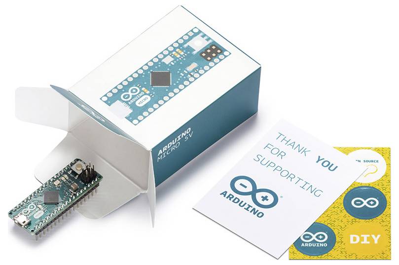 Arduino Micro board and packaging with a 'Thank you for supporting Arduino' card and DIY sticker on a white background.