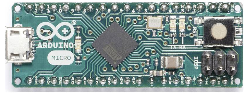 Arduino Micro microcontroller board with USB connector, central chip, and labeled pins along both edges.