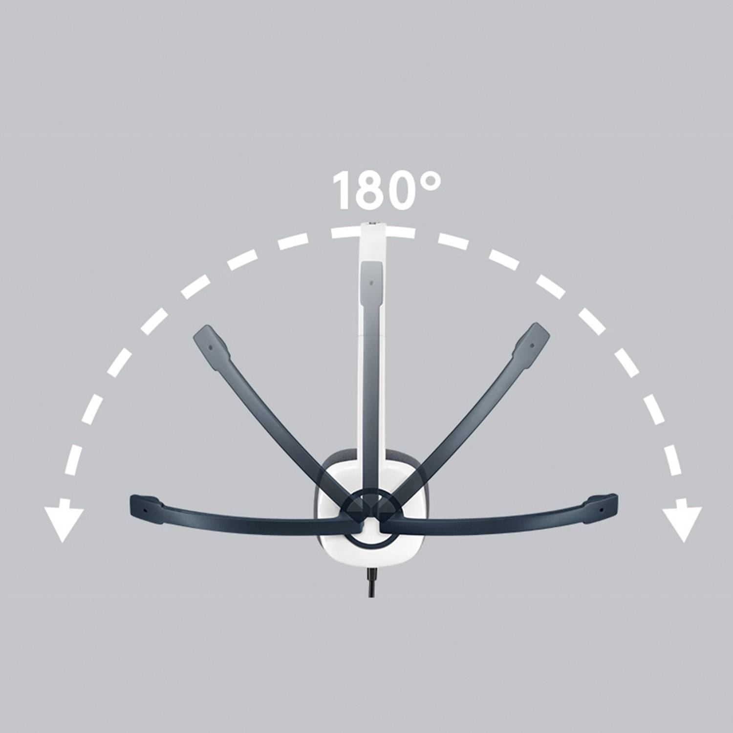 Stand or mount with 180-degree rotatable feature, shown by a dashed semicircle and arrows indicating movement.