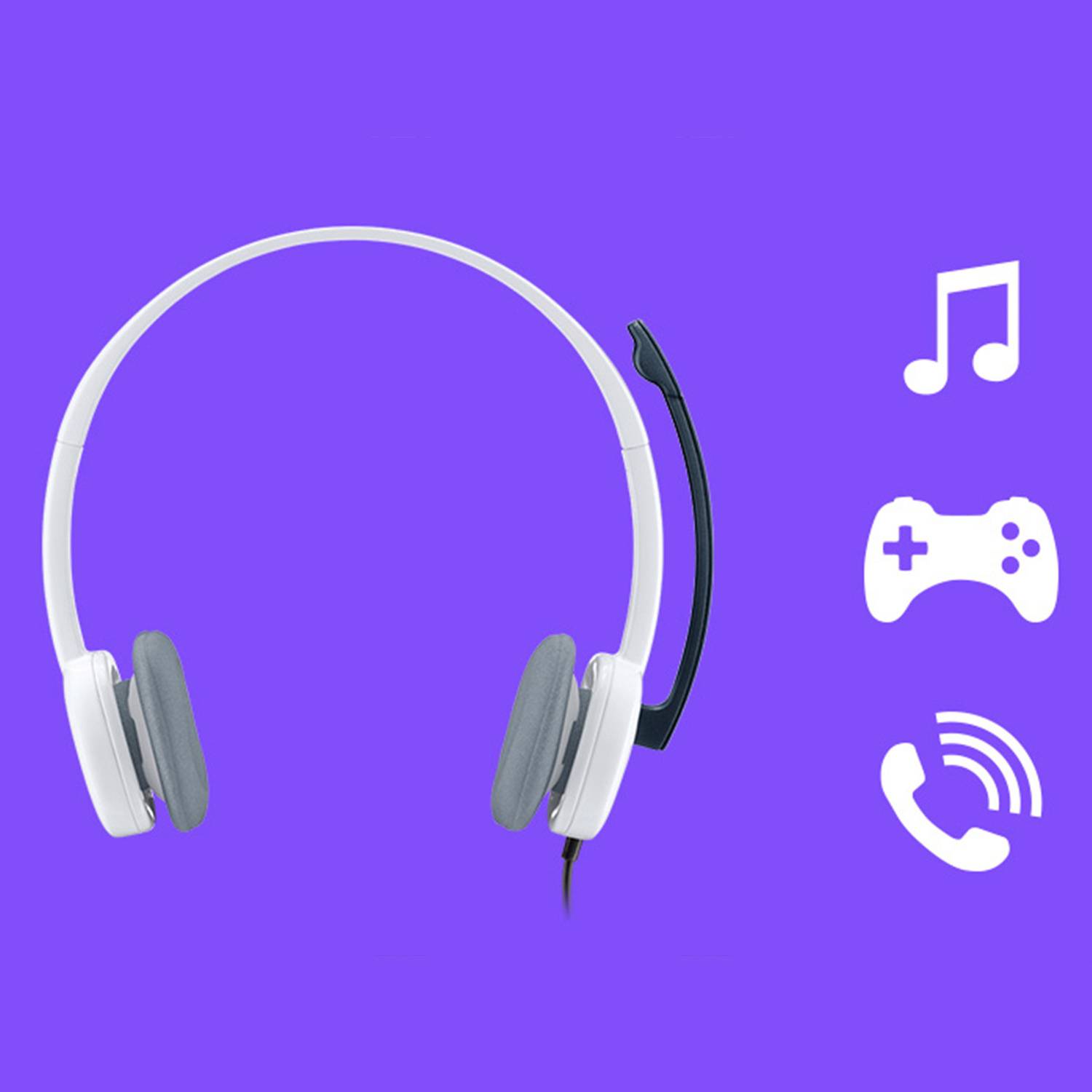 A white headset with grey ear cushions and microphone on a purple background; icons display a music note, game controller, and telephone.
