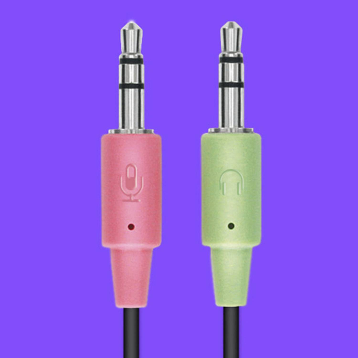 Two coloured audio cable plugs, the left one in red with a microphone symbol, the right one in green with a headphones symbol, on a purple background.