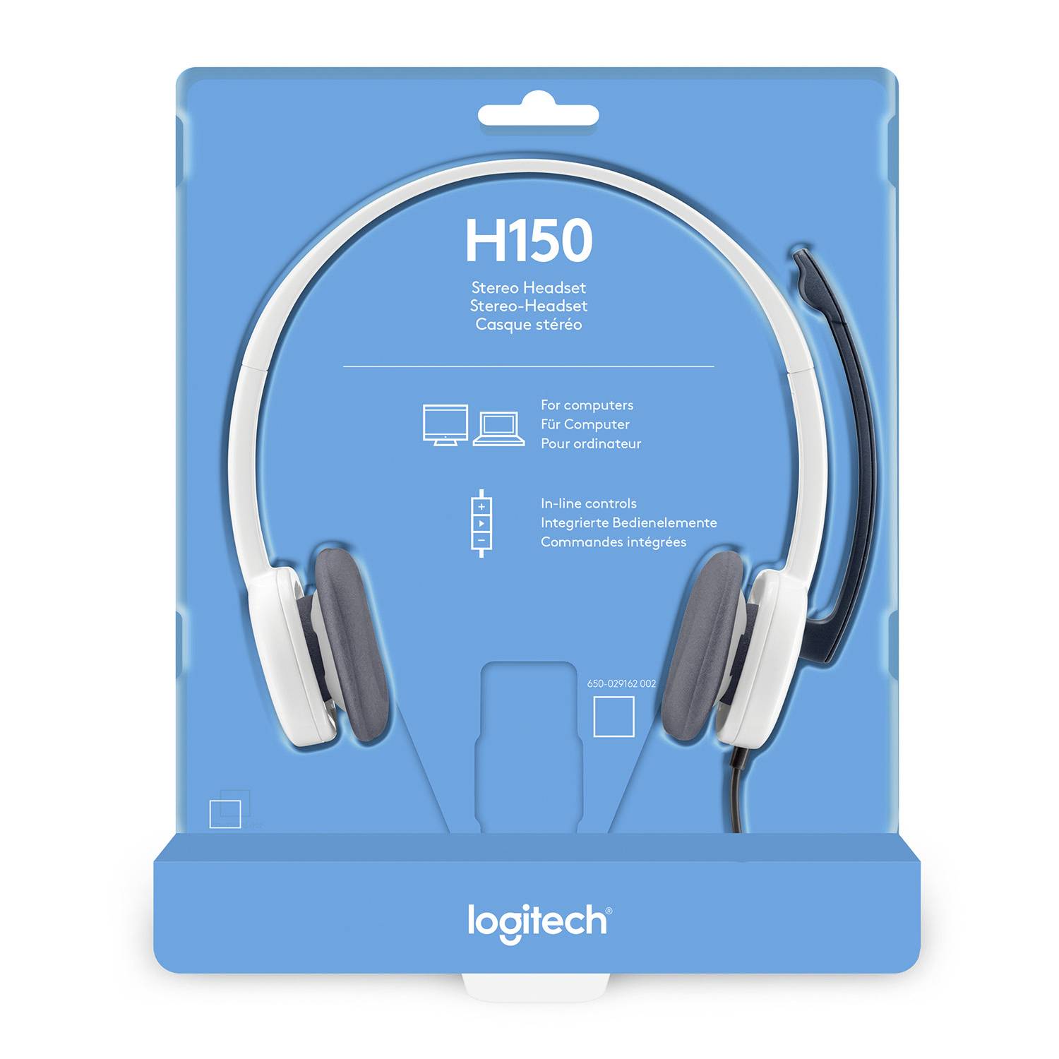 Logitech H150 Stereo Headset in white and grey. It is equipped with in-line controls and an integrated microphone.