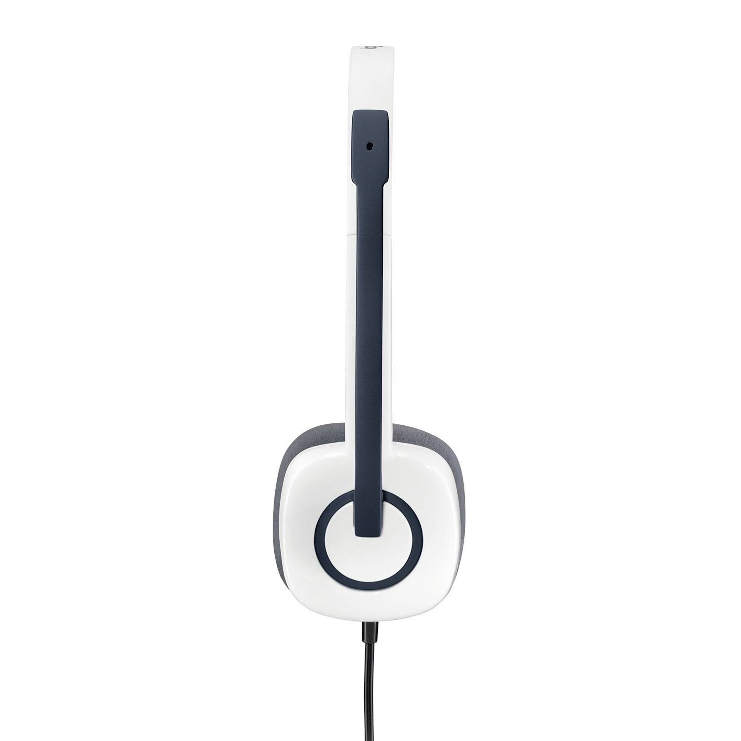White over-ear headphones with a black accent, shown from the side view. The headband is padded and the cable is visible.