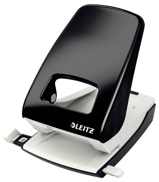 Leitz hole punches in black and white, suitable for punching paper in office environments.
