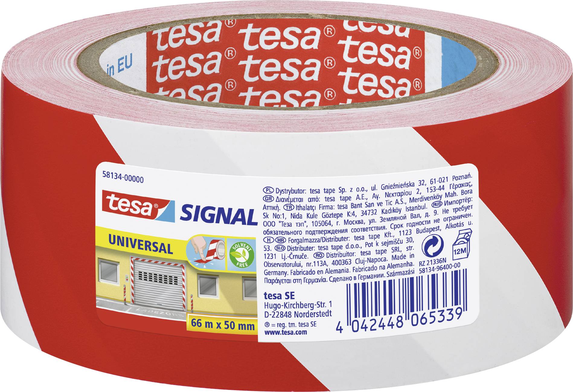 Roll of red and white striped warning tape by the brand tesa, suitable for markings and safety instructions. Text on label in multiple languages.
