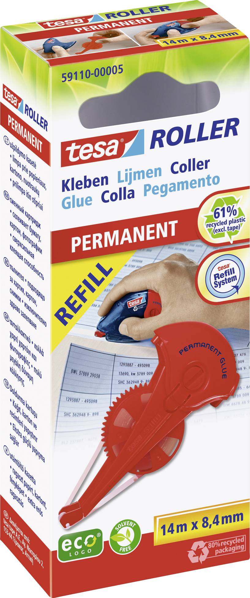 Tesa Roller Permanent Tape Dispenser: Refillable, 14m x 8.4mm, 61% recycled plastic, EcoLogo. Image of a hand using the roller.