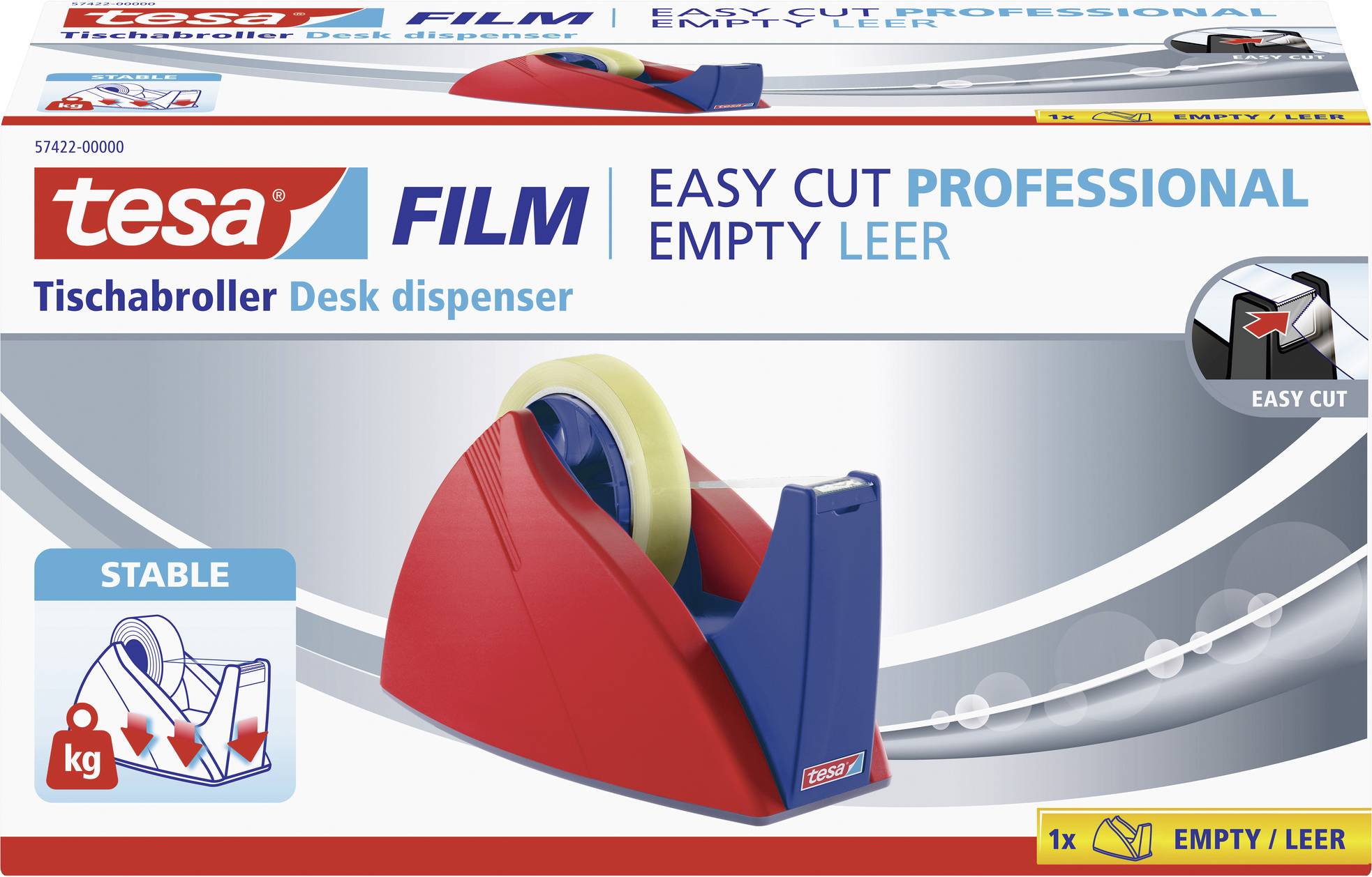 Tesa Desk Tape Dispenser, red-blue, for Adhesive Film. Key Features: Robust Design, Easy Cutting, Suitable for Professional Use.