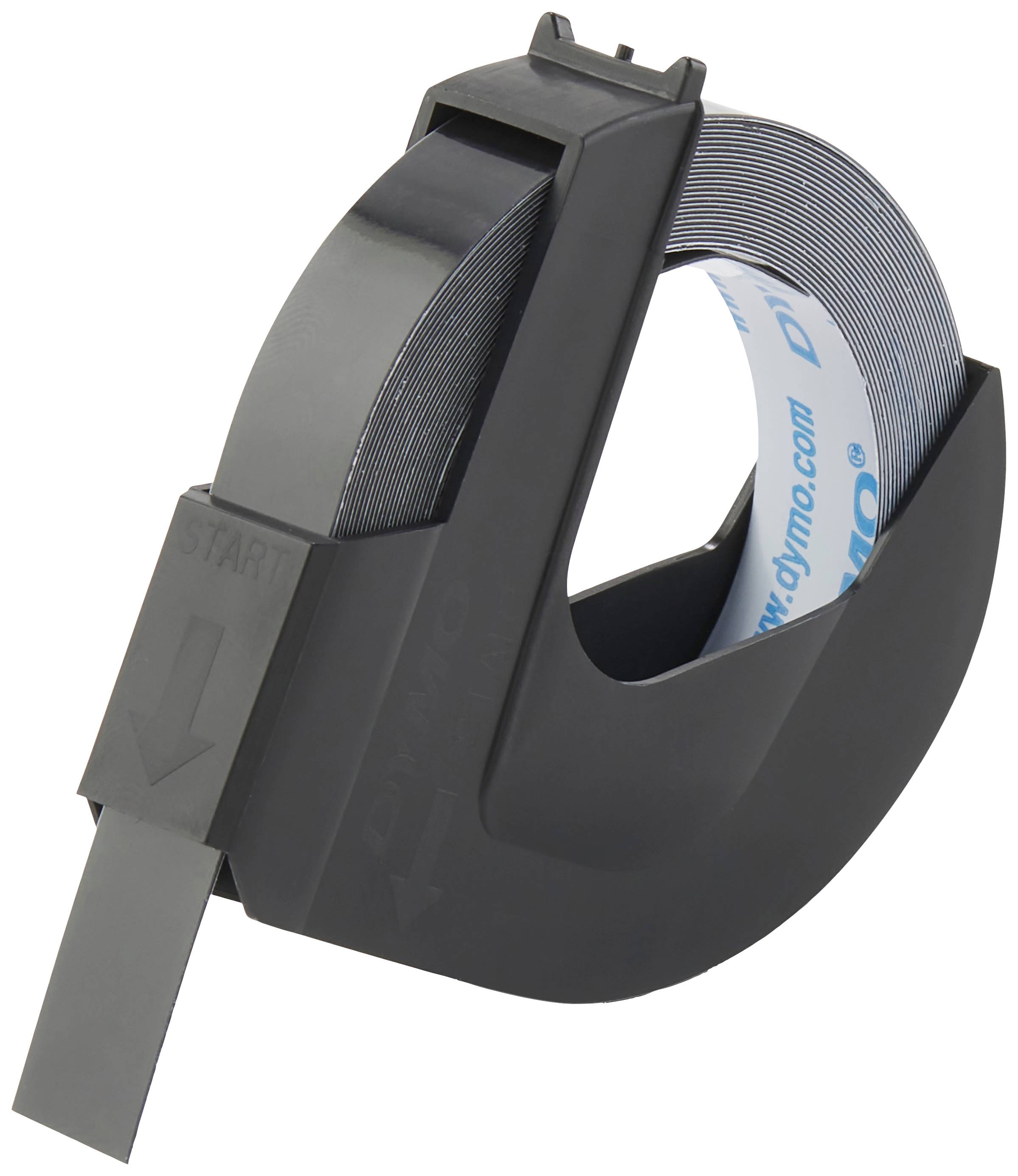 Cassette with black labelling tape, suitable for a label maker. The tape displays the words 'Dymo' and 'START' with an arrow.
