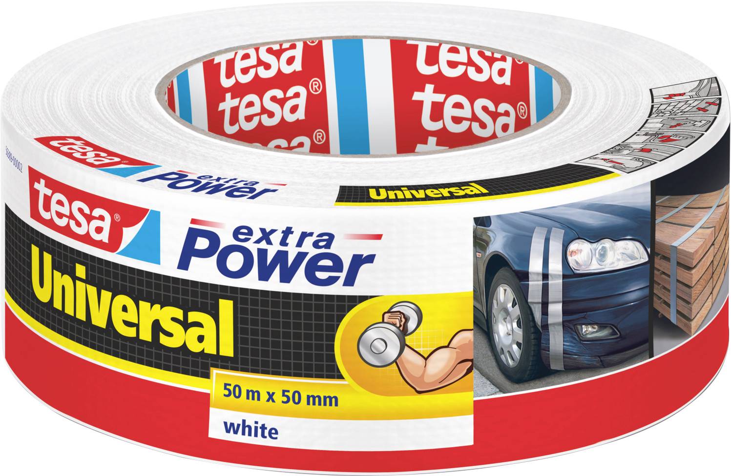 A roll of 'tesa extra Power Universal' white adhesive tape, 50 meters long and 50 millimeters wide, shown with uses on a car and boxes.