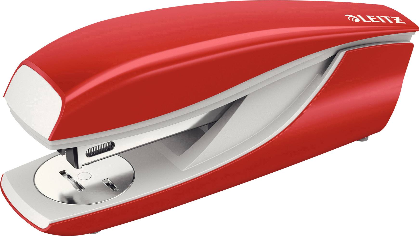 Red desk stapler, Leitz brand, modern design. Ideal for stapling paper stacks in the office or at home.