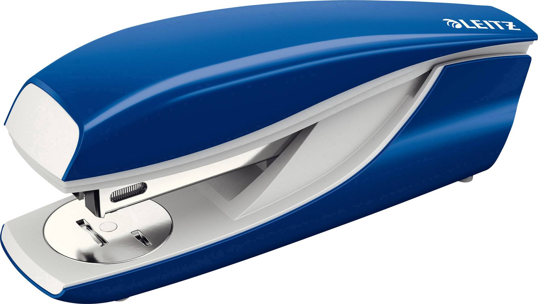 A blue, modern lever arch file with a silver lever and 'Leitz' logo, pictured in close-up.