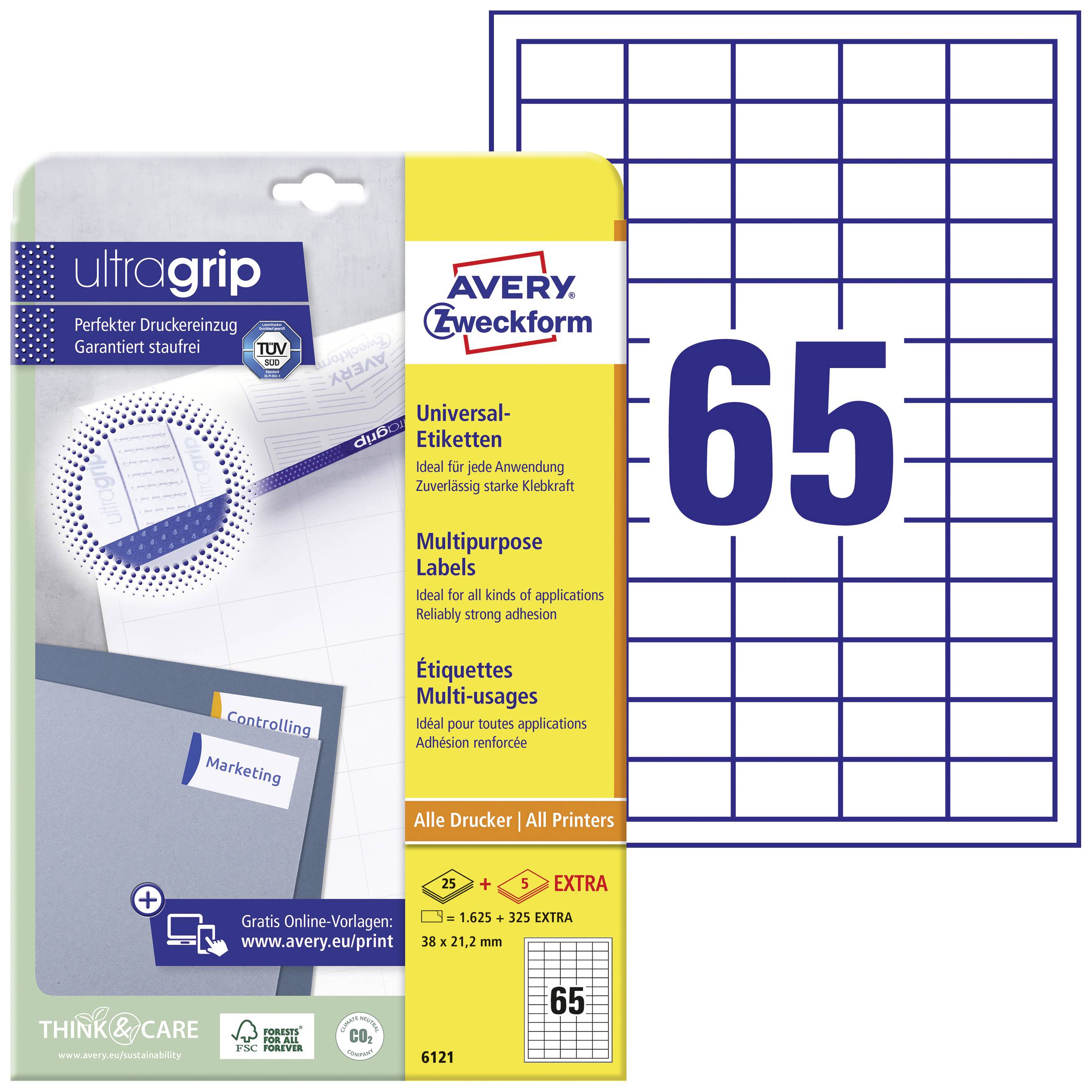 Avery Zweckform Label Pack with ultragrip Technology. Label sheet contains 65 labels for printers, versatile and multi-purpose.