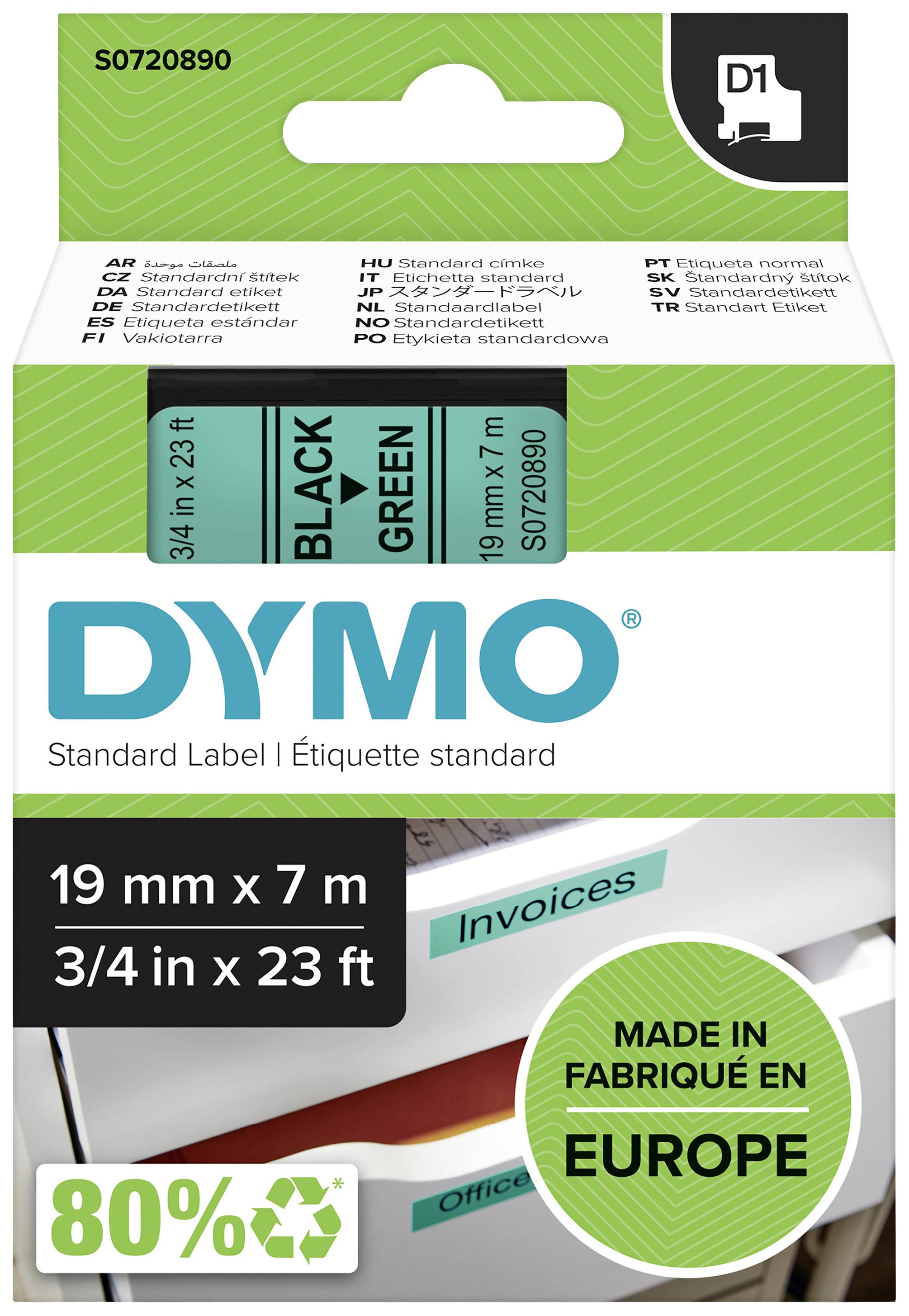 Label tape packaging: Brand name 'DYMO', Dimensions 19 mm x 7 m, Colour Black on Green, Note 'MADE IN FABRIQUE EN EUROPE', 80% recycled material.