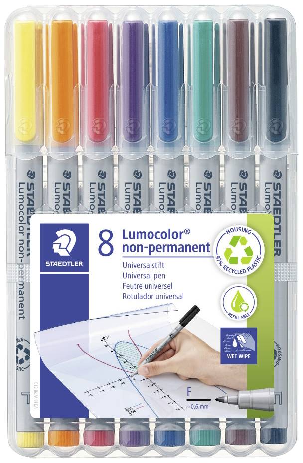A pack of eight colourful, non-permanent Lumocolor pens by Staedtler. Ideal for writing on smooth surfaces.