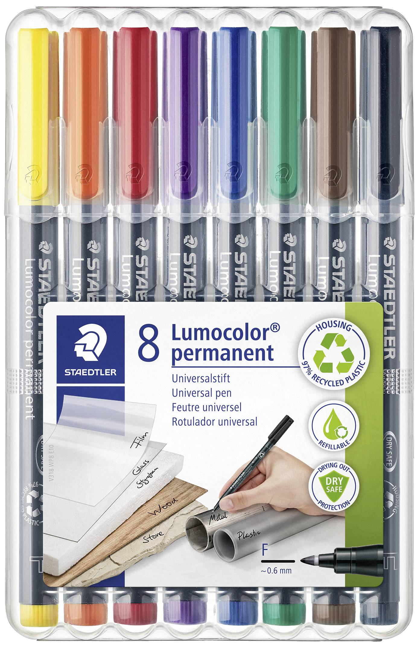 Eight Staedtler Lumocolor Permanent Universal Markers in various colours. Suitable for almost all surfaces.