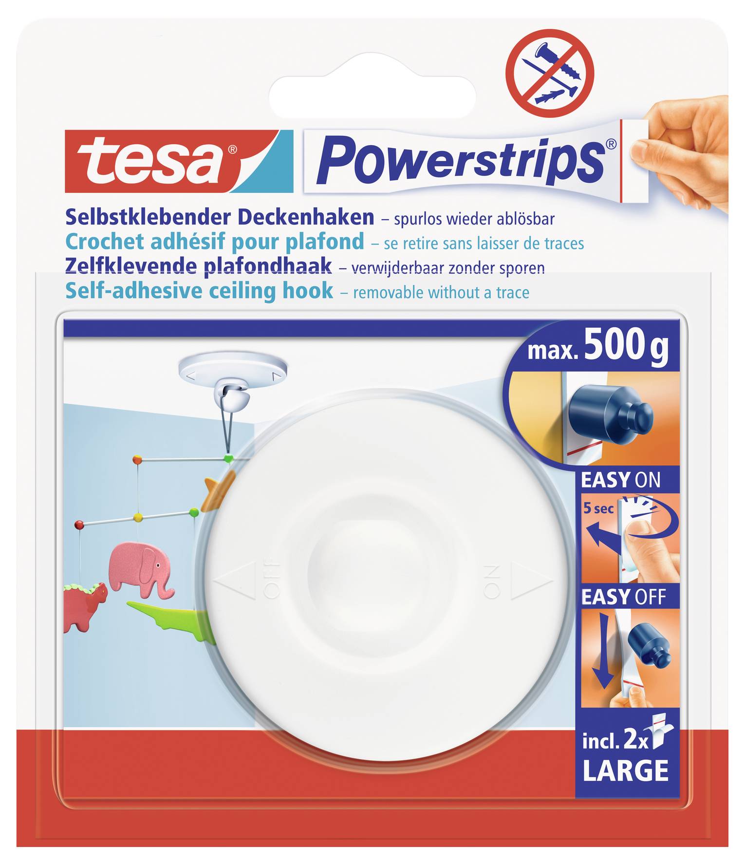 Packaging for a self-adhesive ceiling hook 'tesa Powerstrips'. Holds up to 500g, including two large adhesive strips.
