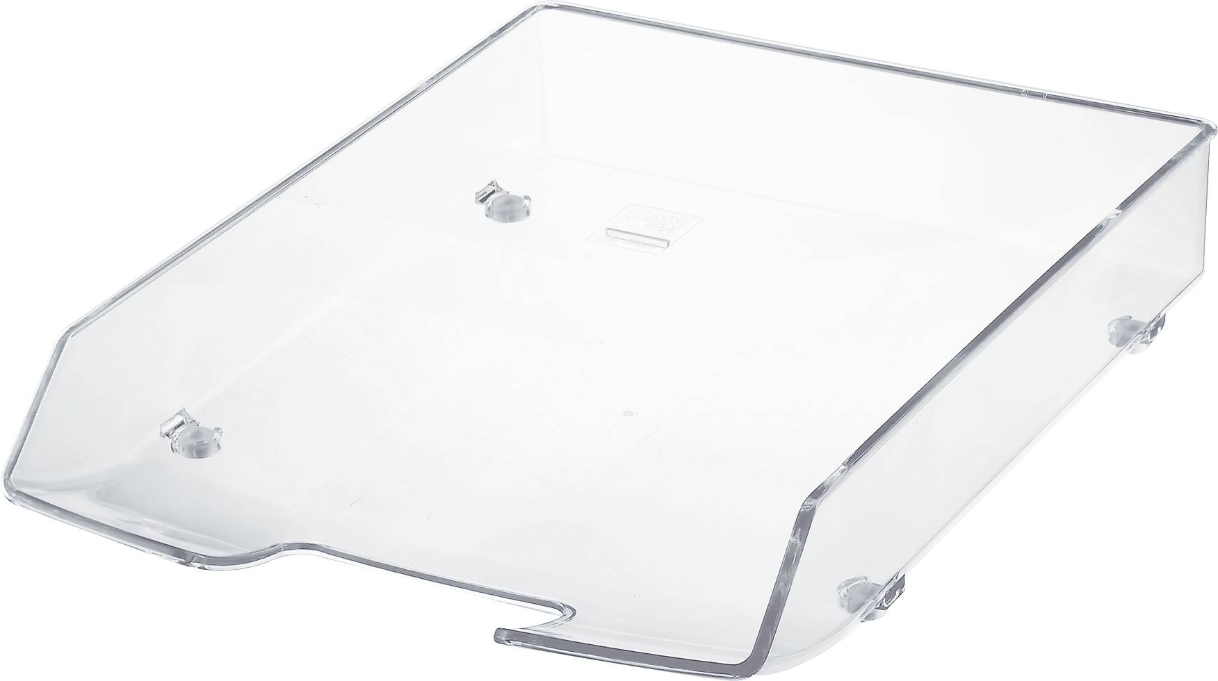 A transparent, rectangular plastic document tray with slightly angled edges, ideal for storing documents.