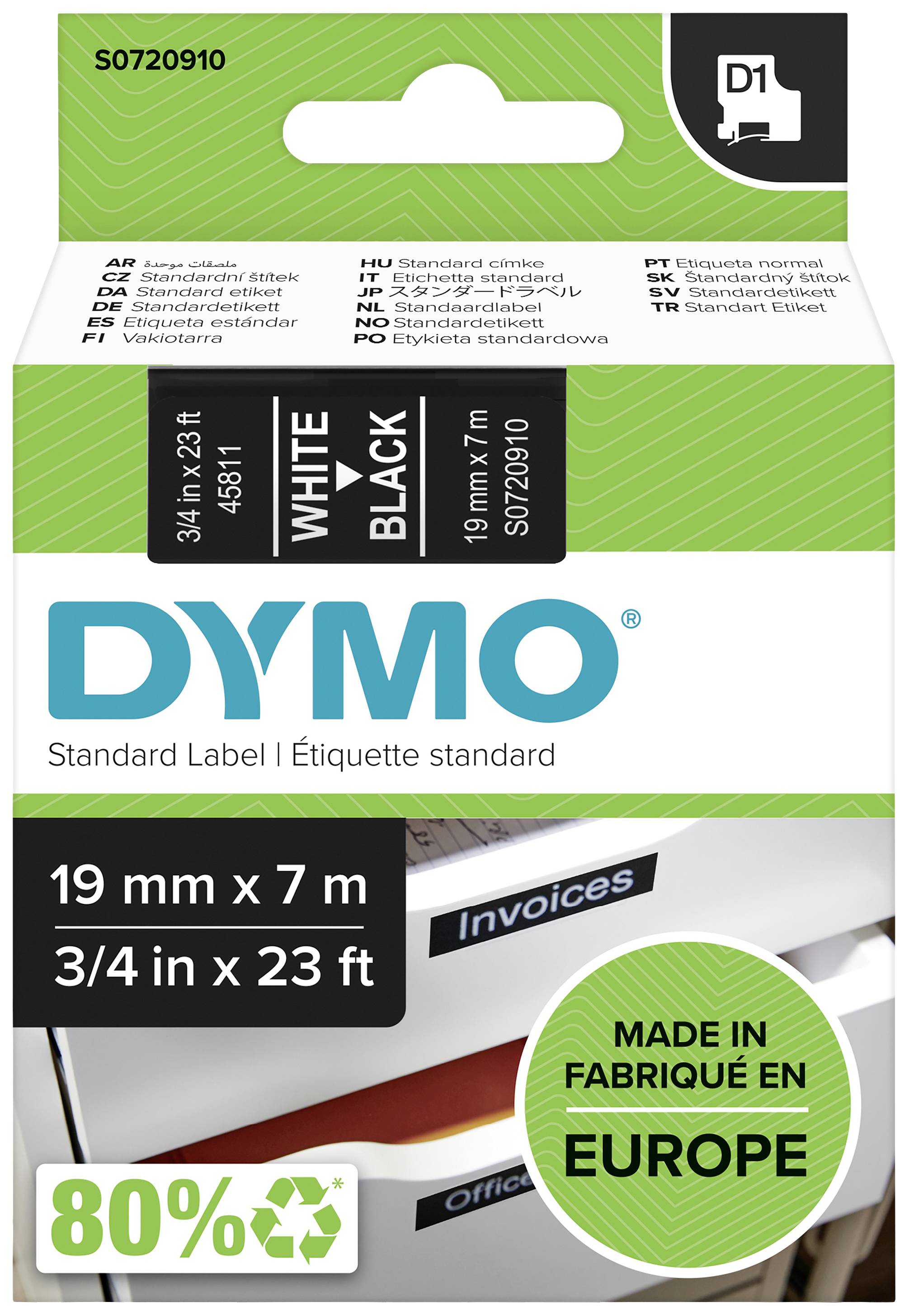 'DYMO' Standard Label Tape, White on Black, 19 mm x 7 m. Manufactured in Europe, 80% recycled material.