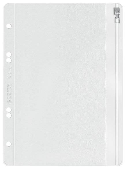 Clear plastic folder with zip closure, hole-punched for ring binders. Suitable for storing documents or small items.