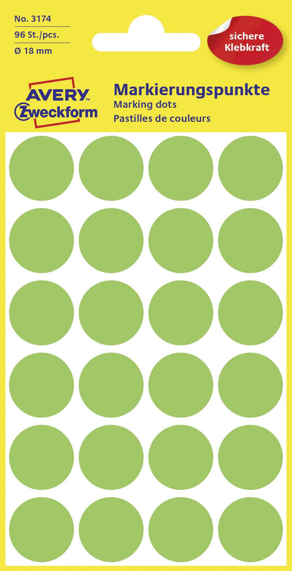 Green marking dots on a yellow background. Product packaging by Avery Zweckform containing 96 round adhesive dots, 18 mm in diameter.