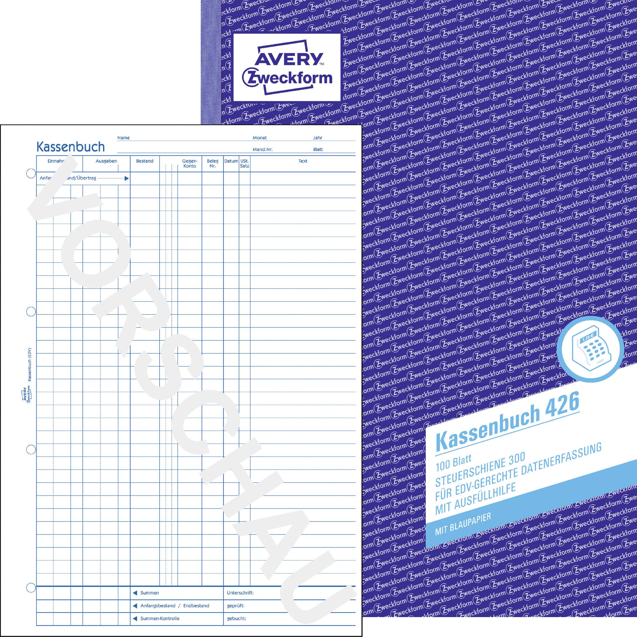 'Cash Book 426' with 100 pages, tax-compliant record keeping, blue squared ruling. Avery Zweckform logo in the top right of the packaging.