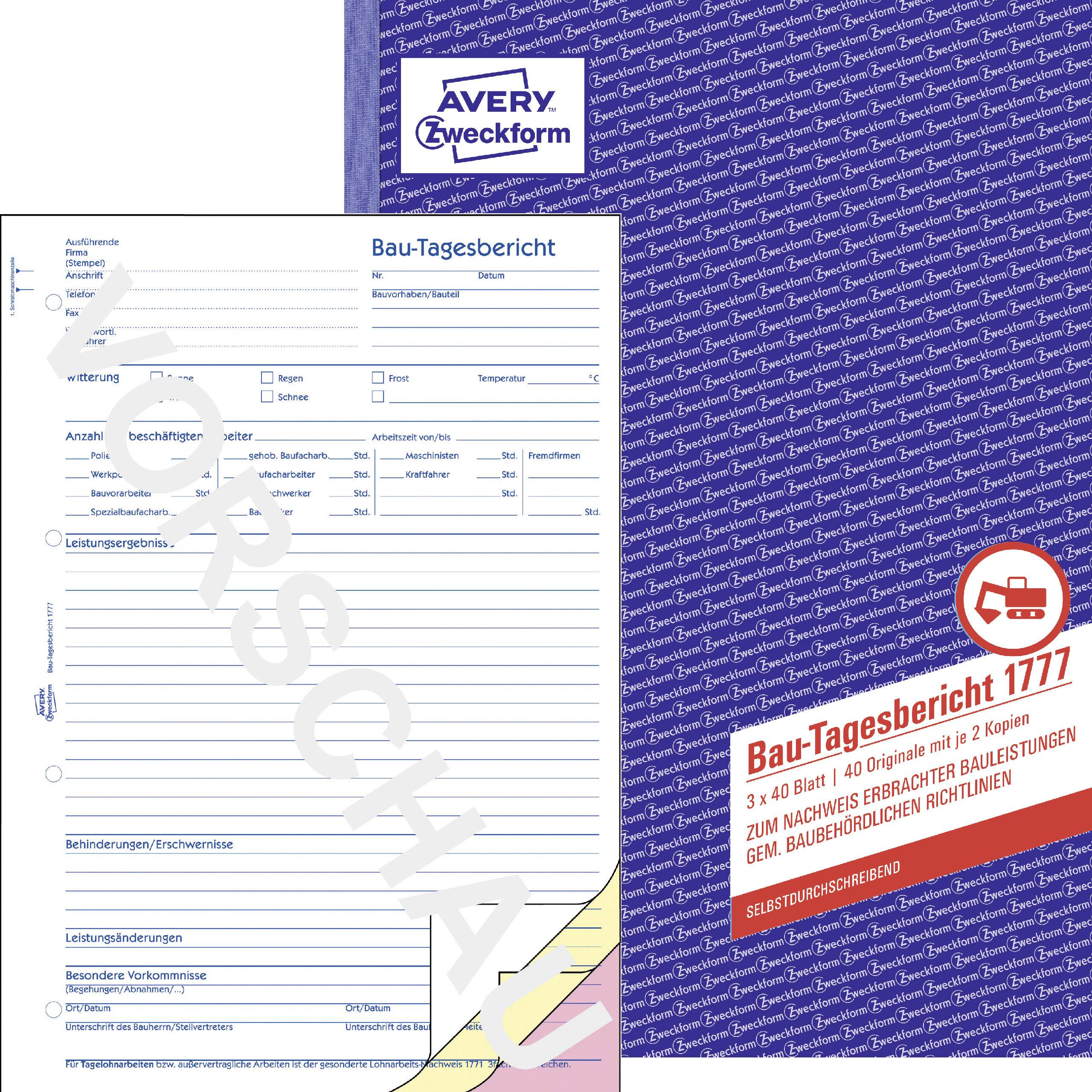 Avery Zweckform Construction Daily Report Form 1777. With fields for weather, work area, staff, performance, materials. Self-copying, 3 sheets, 50 lines.