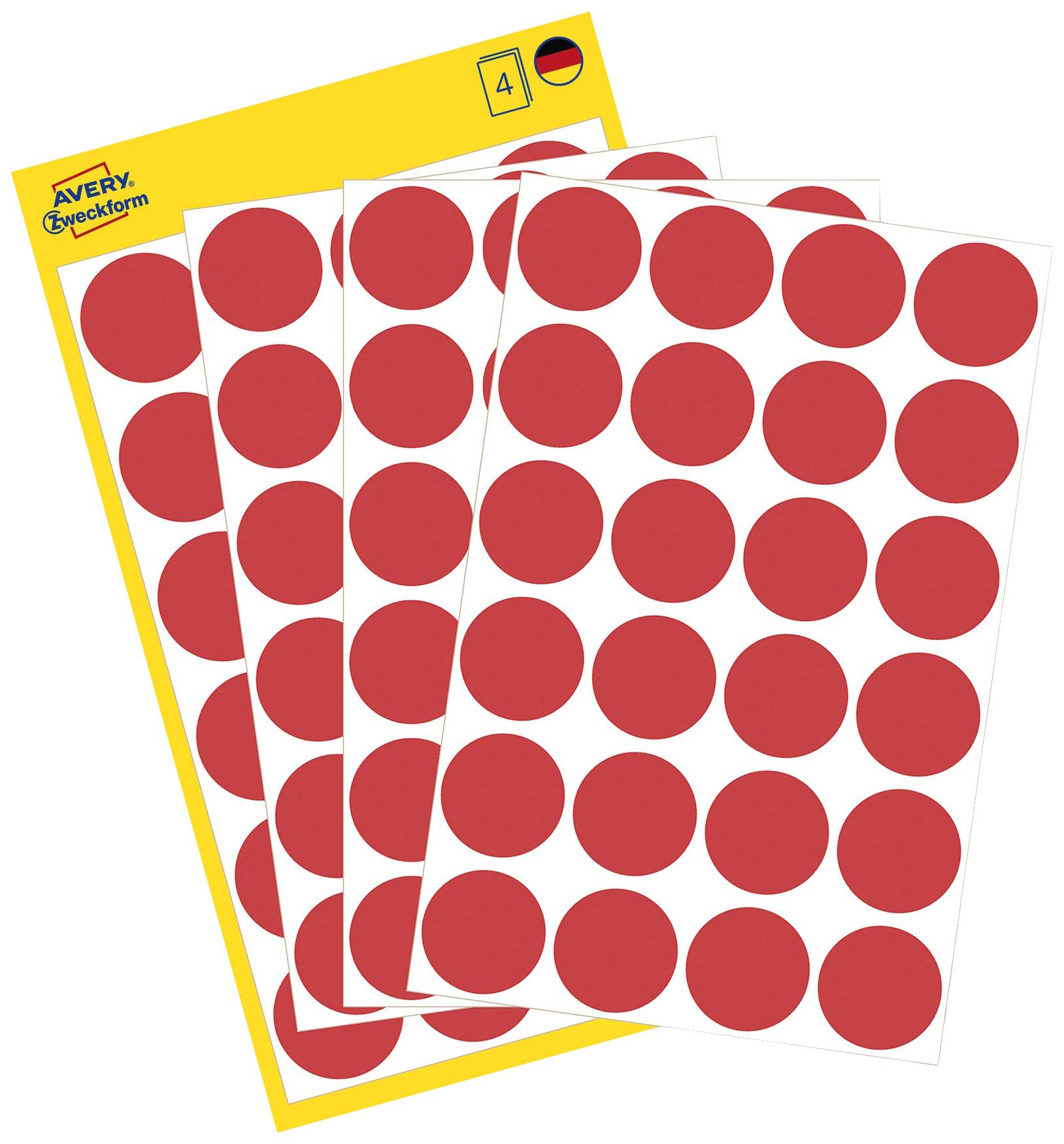 Three arches with large red adhesive dots overlapping. A yellow label in the top left with the number '4' and a small German flag.