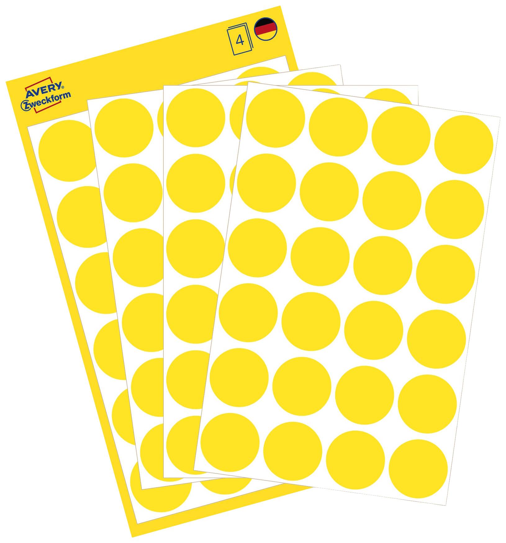 Yellow round labels on three sheets, packaged with the Avery Zweckform logo.