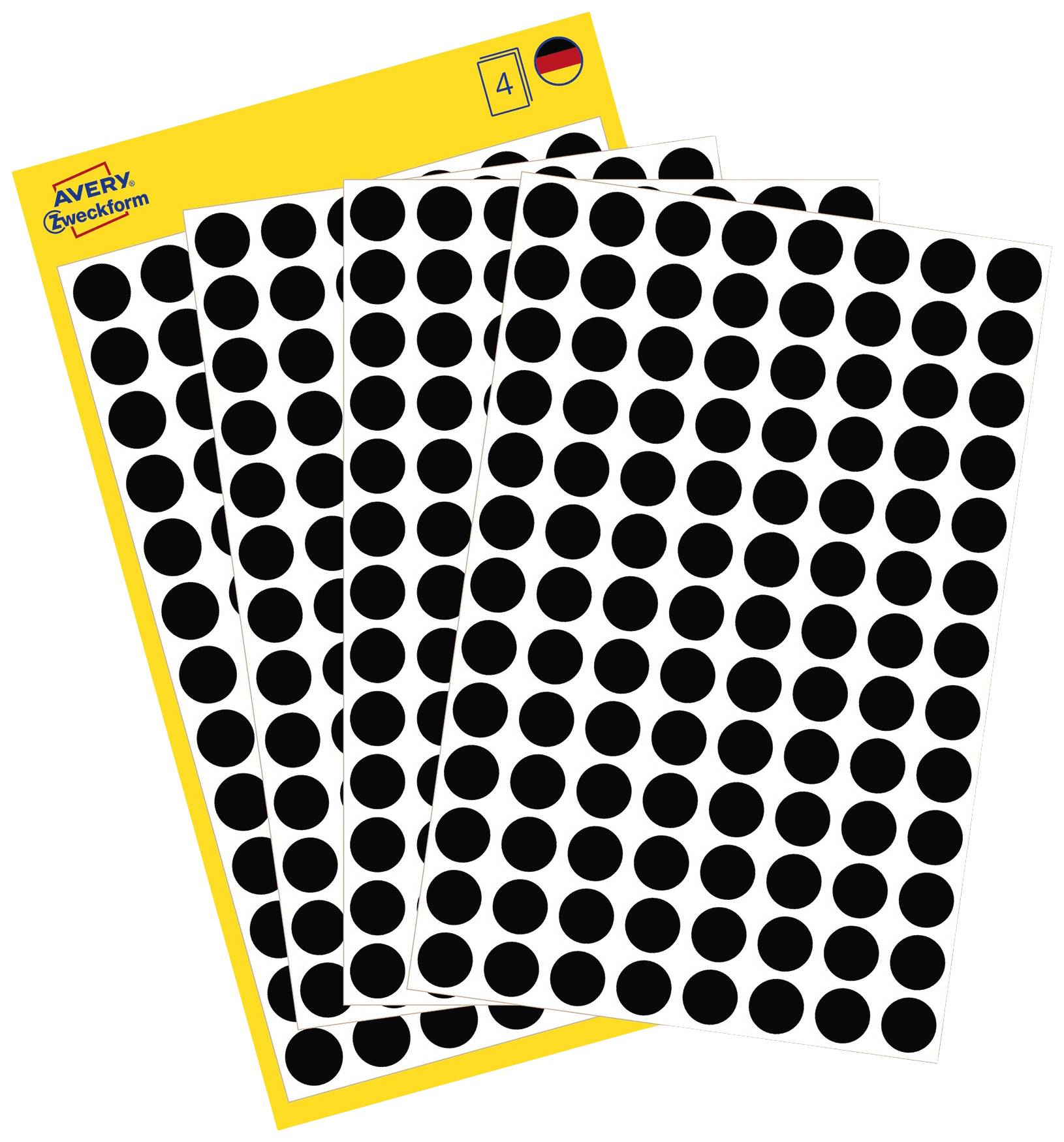 Black, round labels on sheets with a yellow background, suitable for marking and decoration. Avery Zweckform brand.