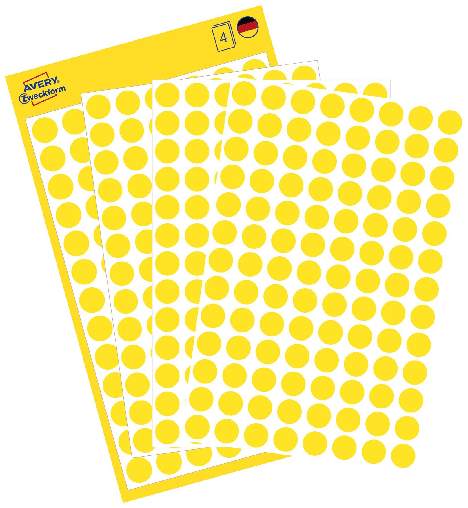Yellow sticky notes with numerous round, yellow dots. The German flag is visible in the top right corner.