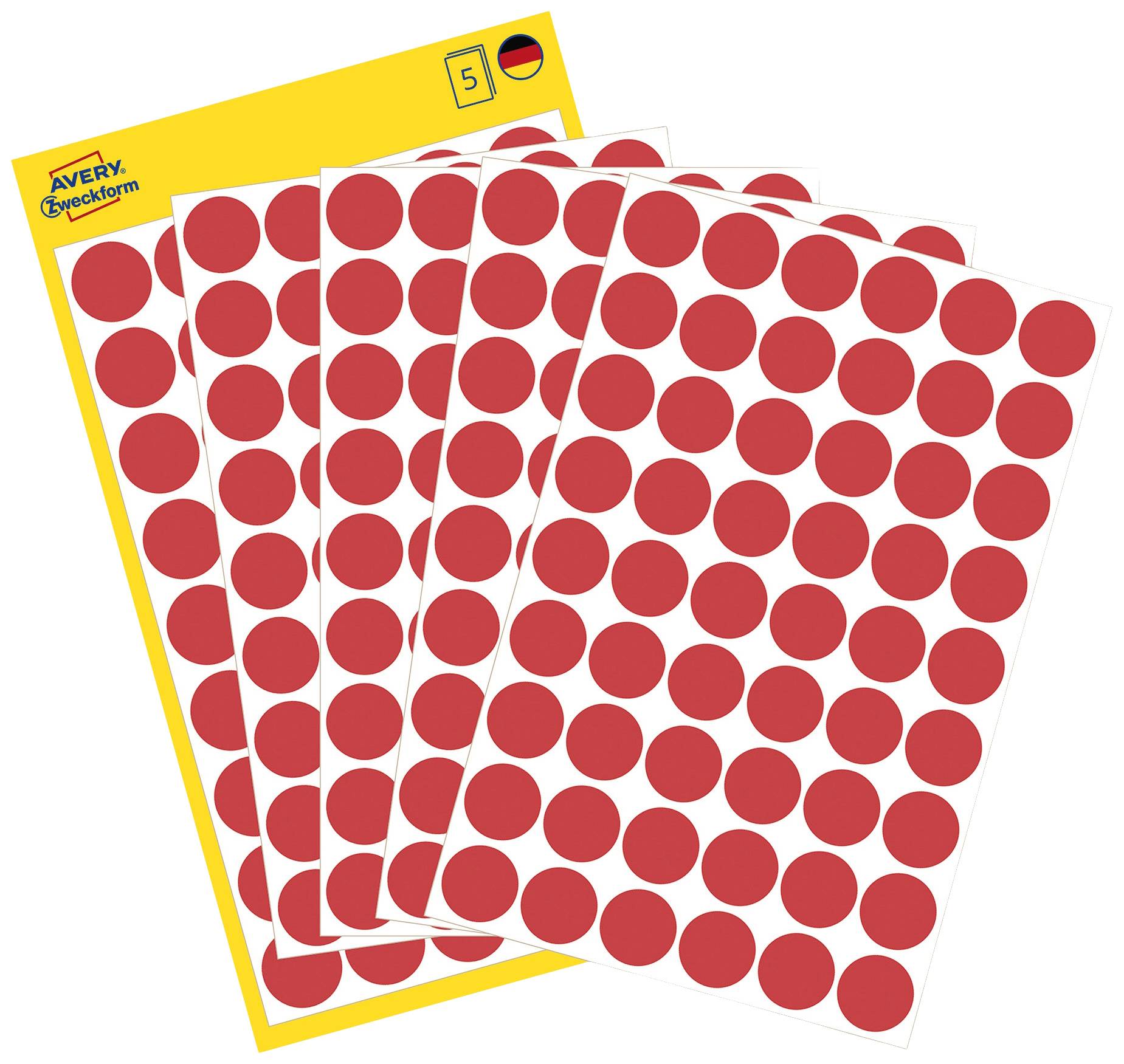 Red adhesive dots on yellow, numbered sheets. Packaging shows brand 'Avery Zweckform'.