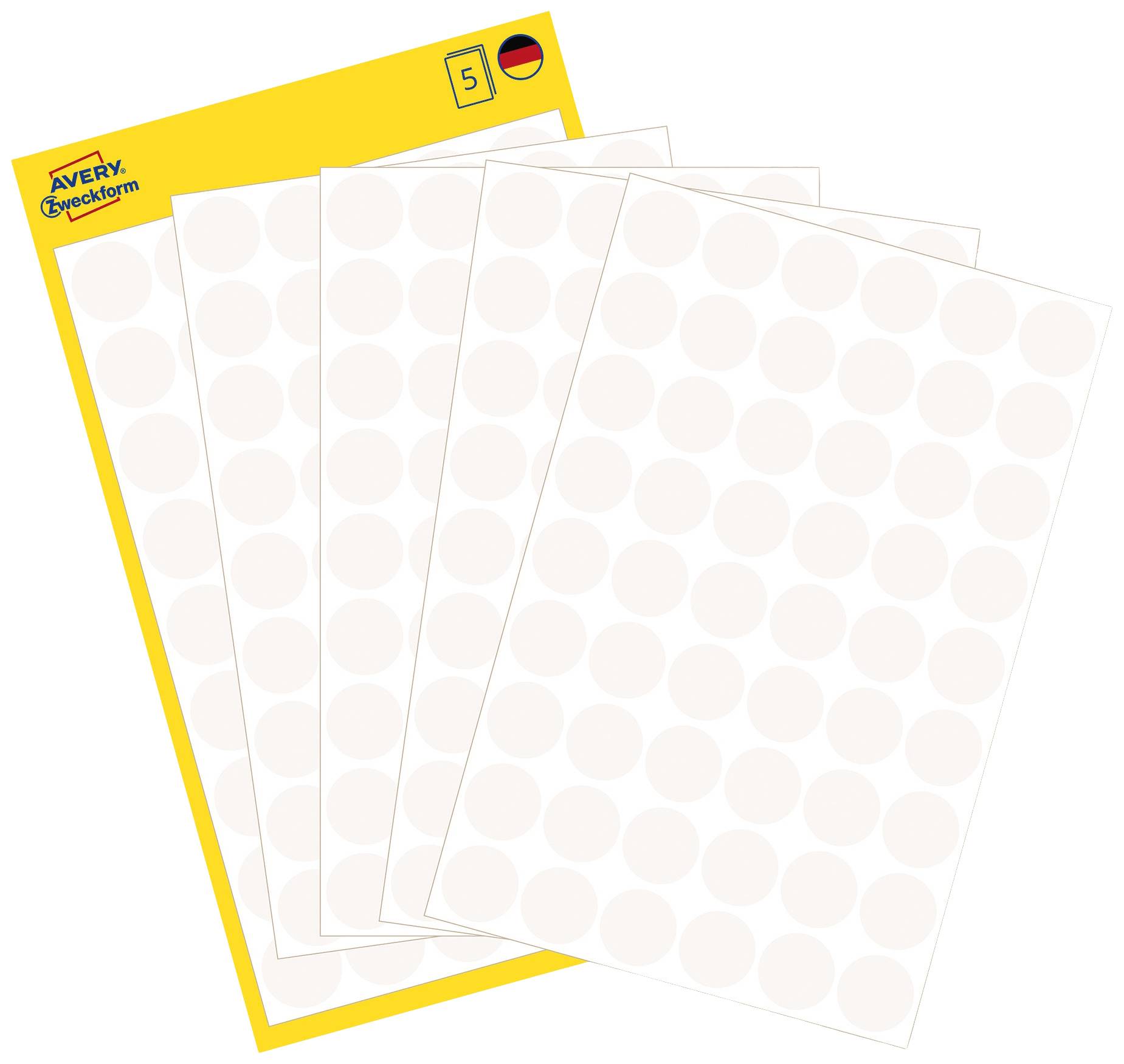 Five sheets with round, white stickers on a yellow background.
