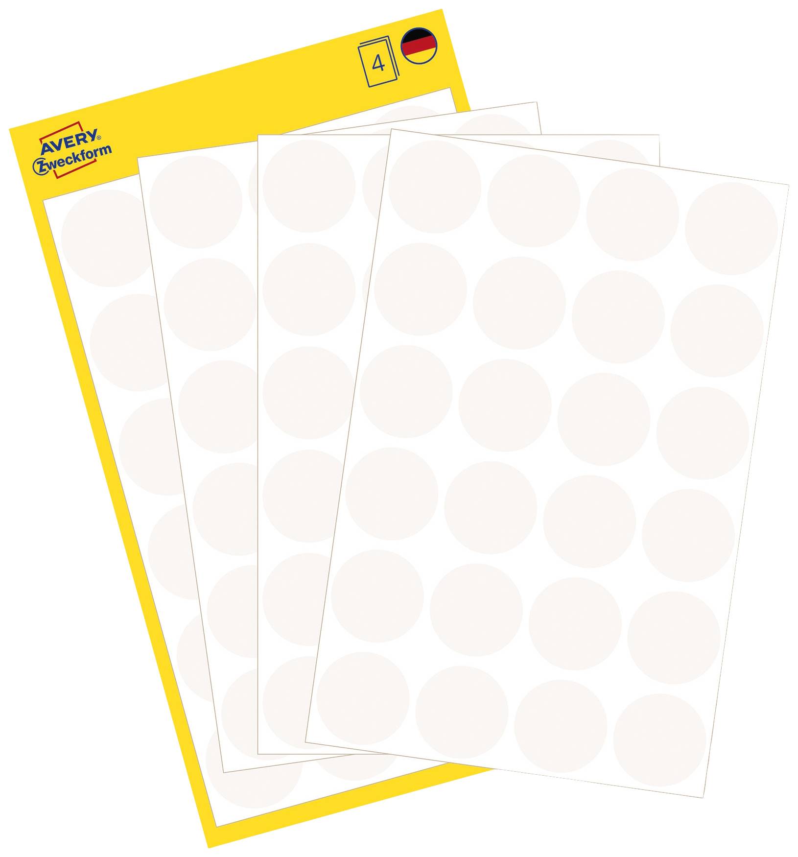 Packaging by Avery Zweckform, featuring four sheets with round, white labels. Product for labelling.
