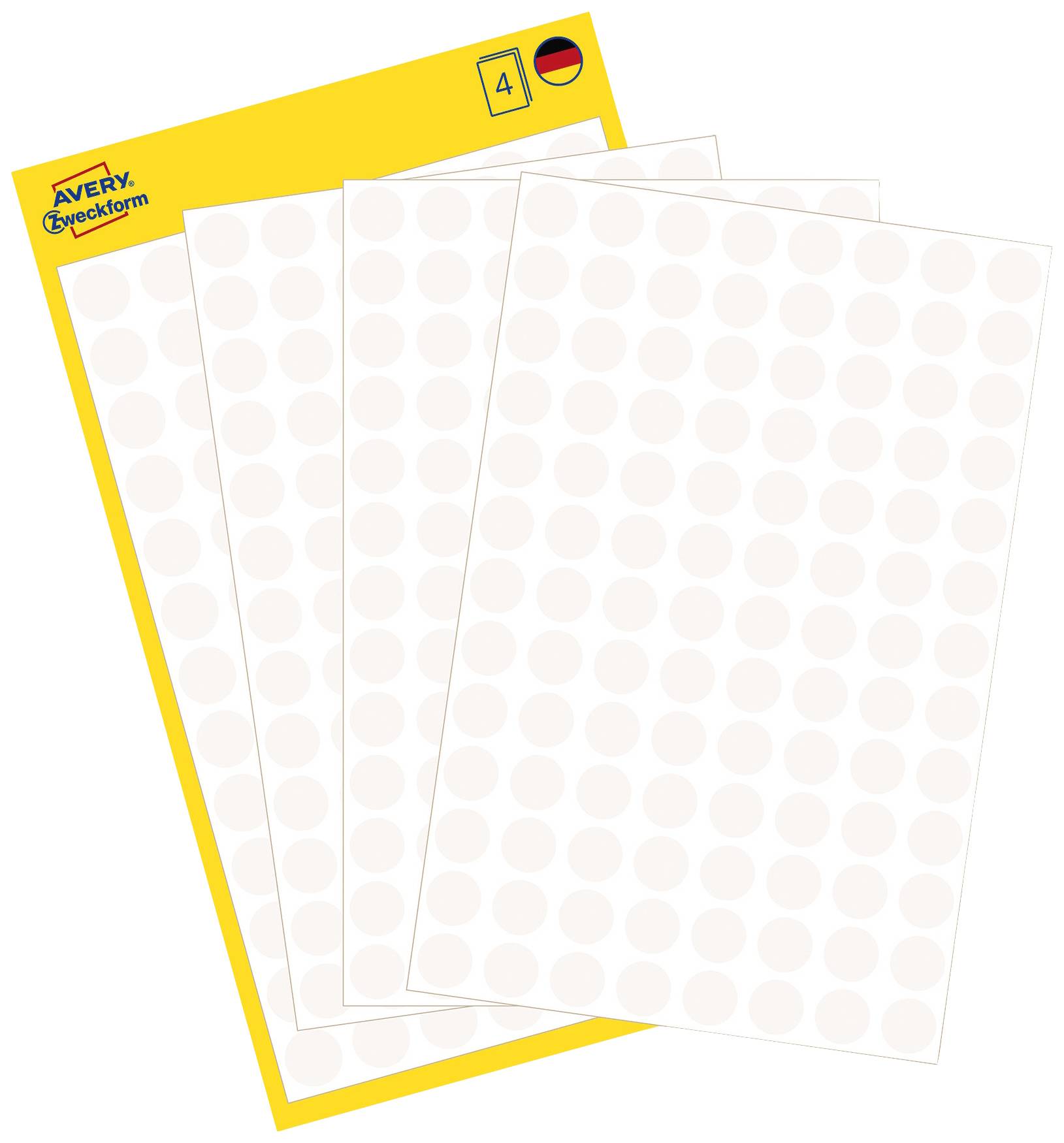 'Avery Zweckform' labels, four sheets with white round stickers on a yellow background, for labelling and organisation.