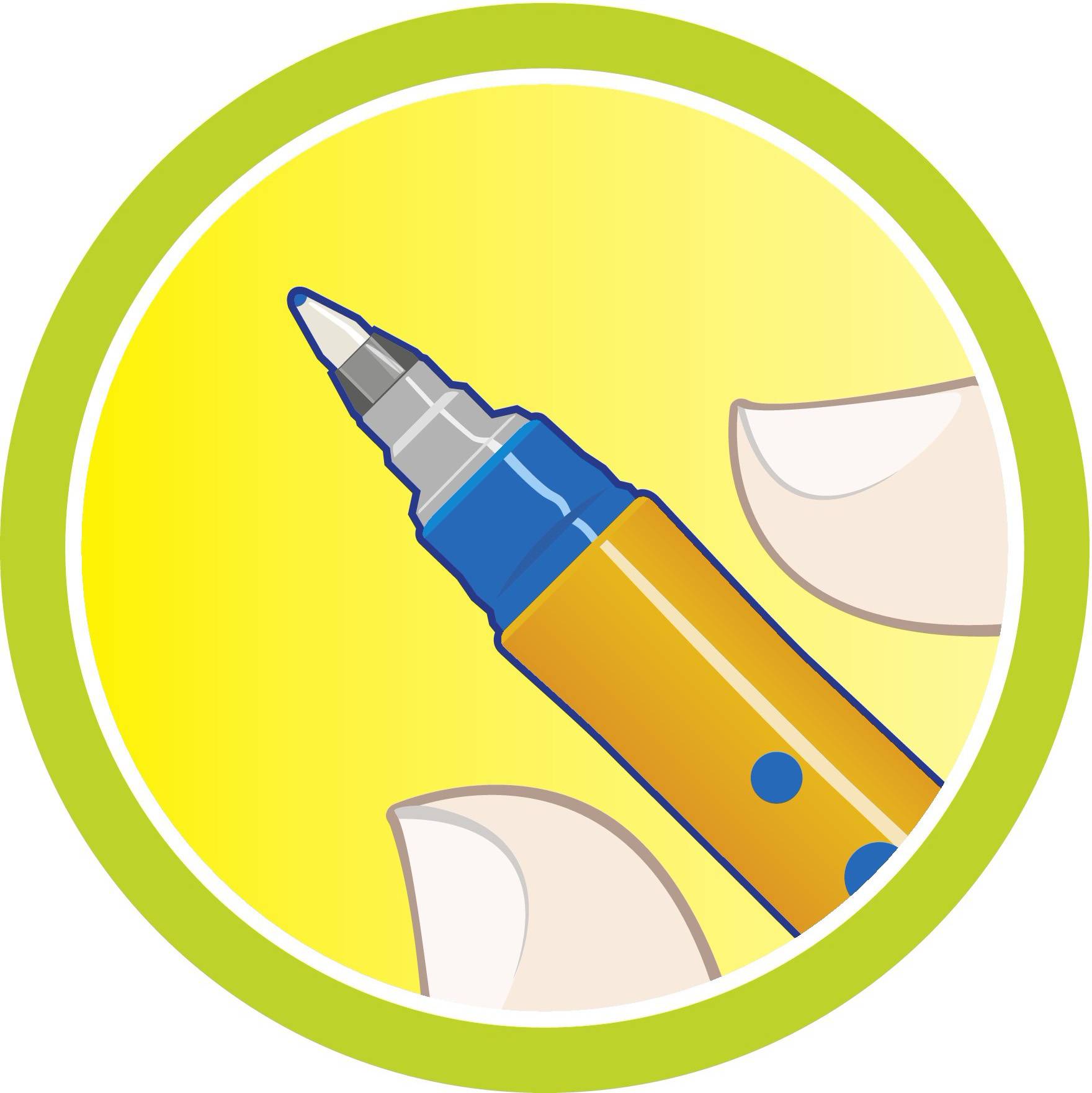 A hand is holding a blue and orange marker with a round tip against a yellow background.