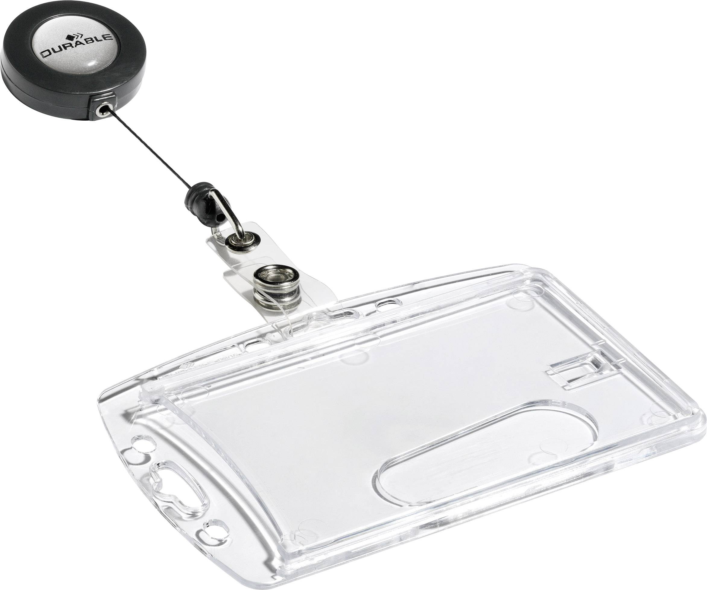 A transparent badge holder with an extendable clip, showing the word 'Durable' on the round black holder.