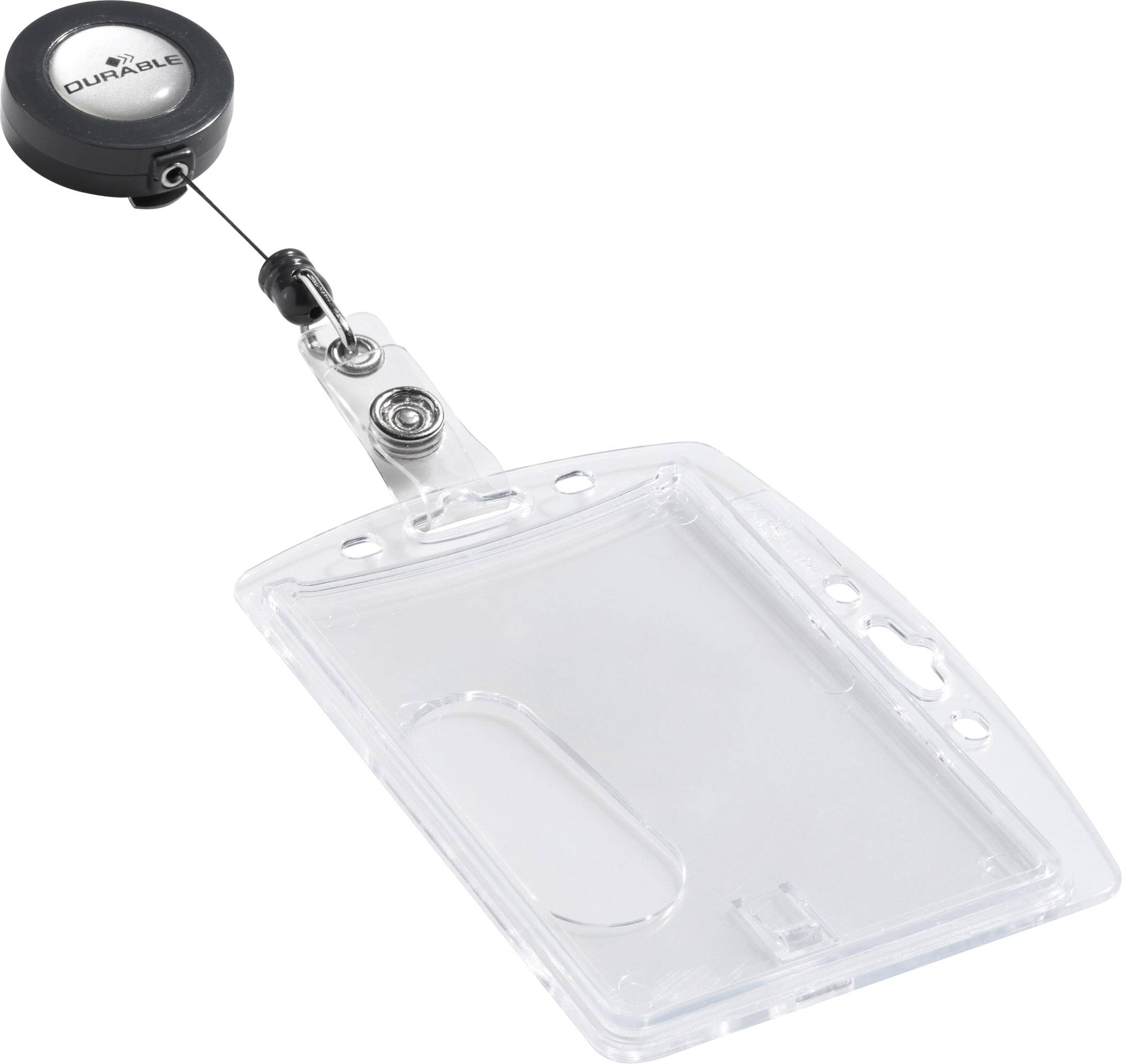 Transparent ID card holder with retractable key fob, ideal for attaching and quickly accessing identification cards.