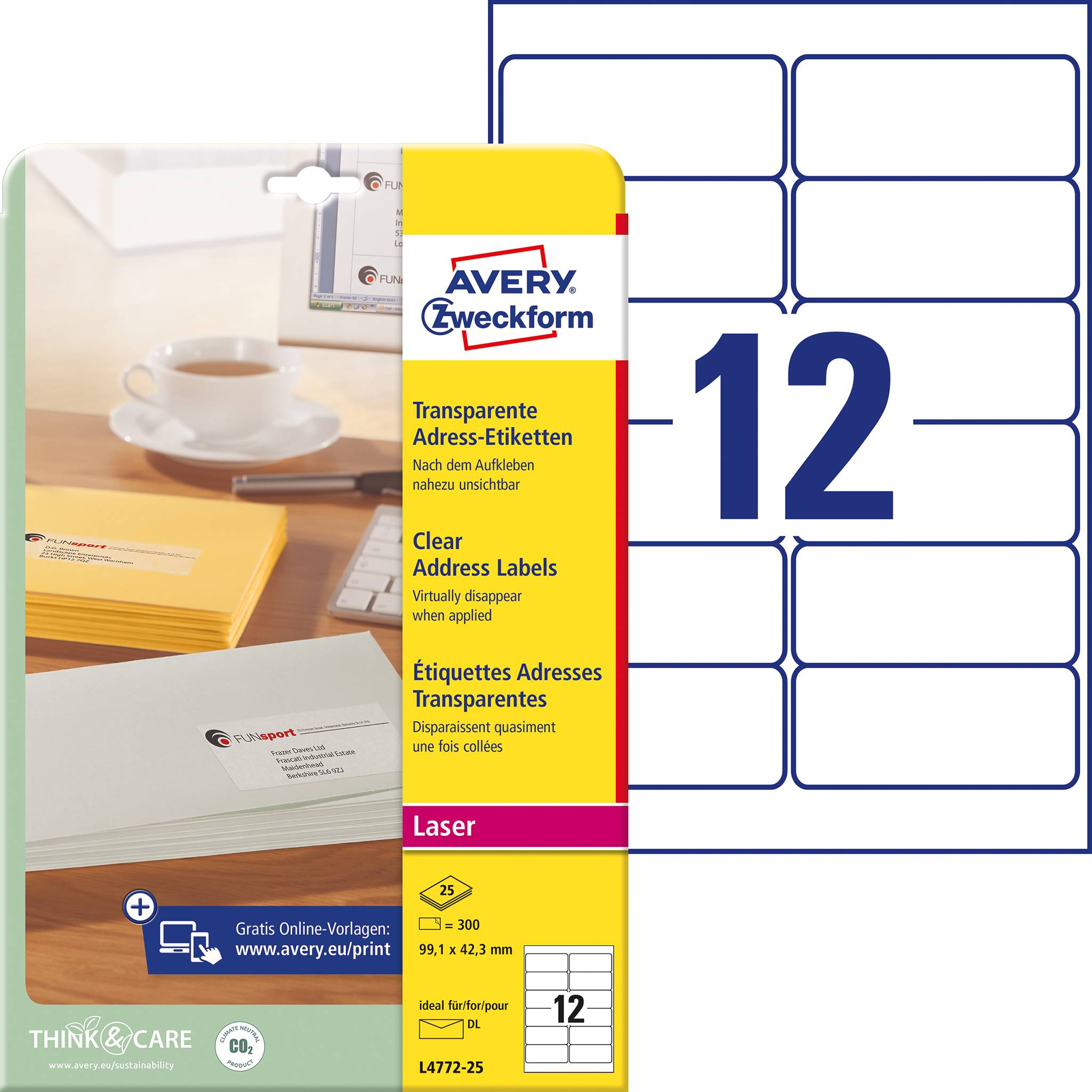 AVERY Zweckform transparent Address Labels L4772-25, 63.5 x 72 mm, 12 per sheet, for laser printers, 300 labels.