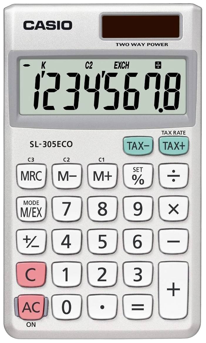 A silver Casio calculator with a large display showing the number '12345678'. Buttons for basic calculation functions.