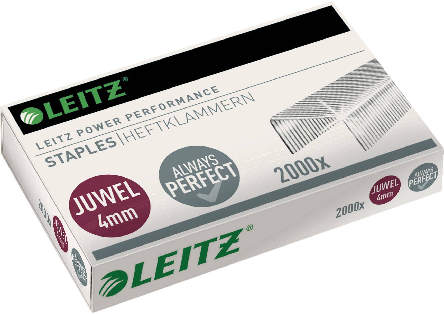 A box of 'Leitz' staples, 4mm, 2000 pieces. Markings 'Juwel 4mm' and 'Always Perfect'.