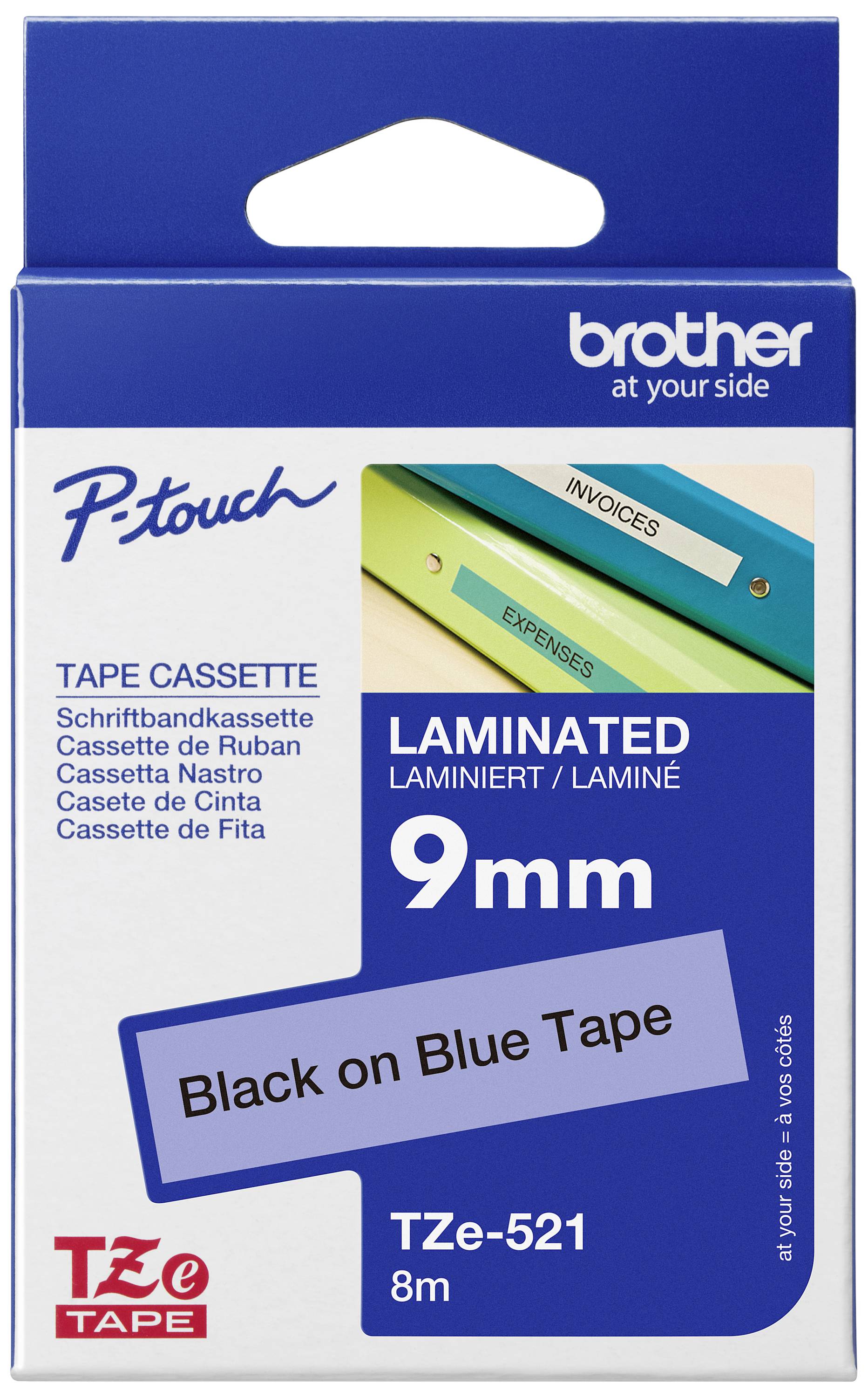 Packaging of a Brother P-touch 9mm laminating tape cassette in Blue-Black, suitable for labelling devices.
