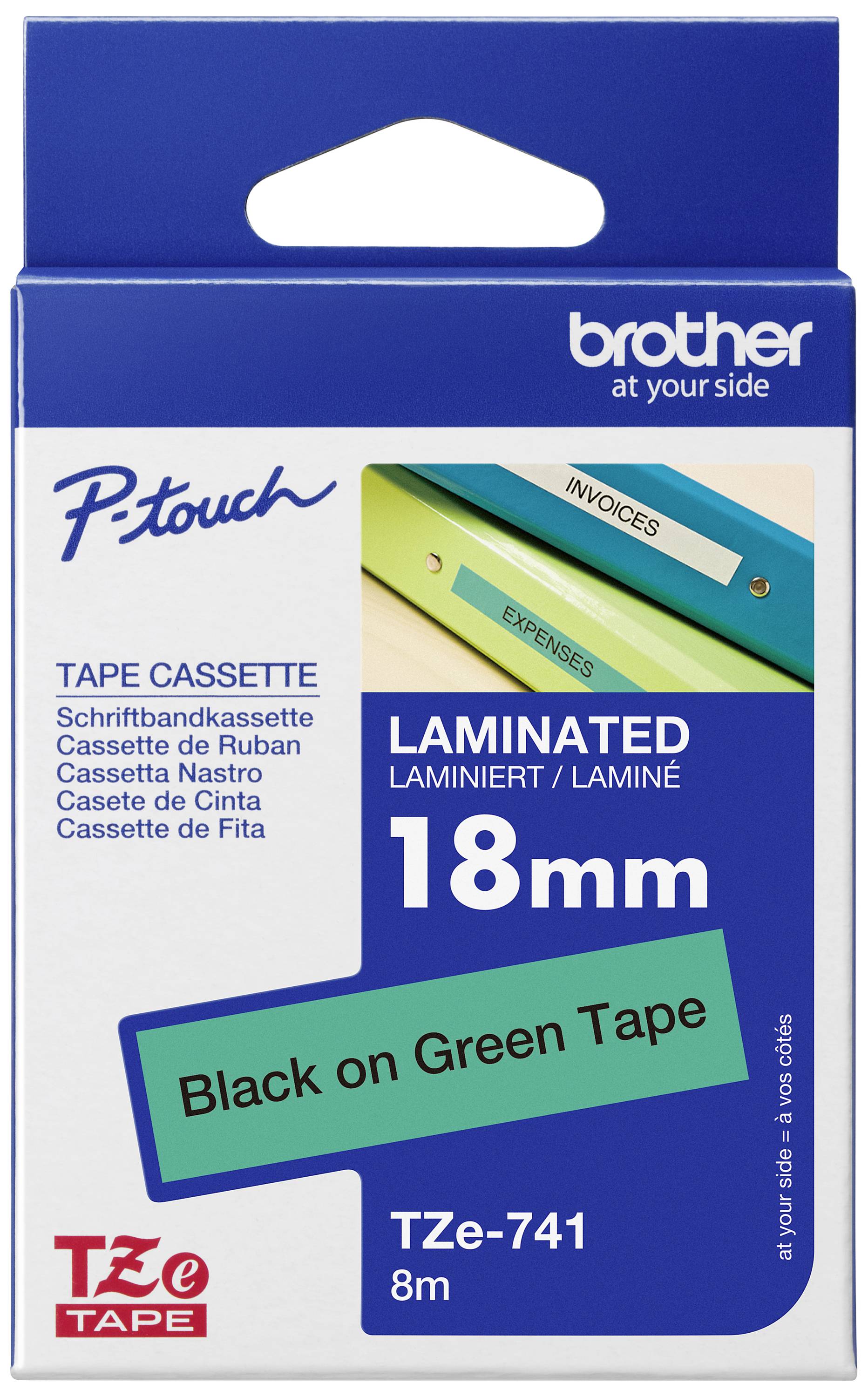 'Brother P-touch' 18mm laminated label tape, black on green, 8m length. Packaging shows application examples on files.