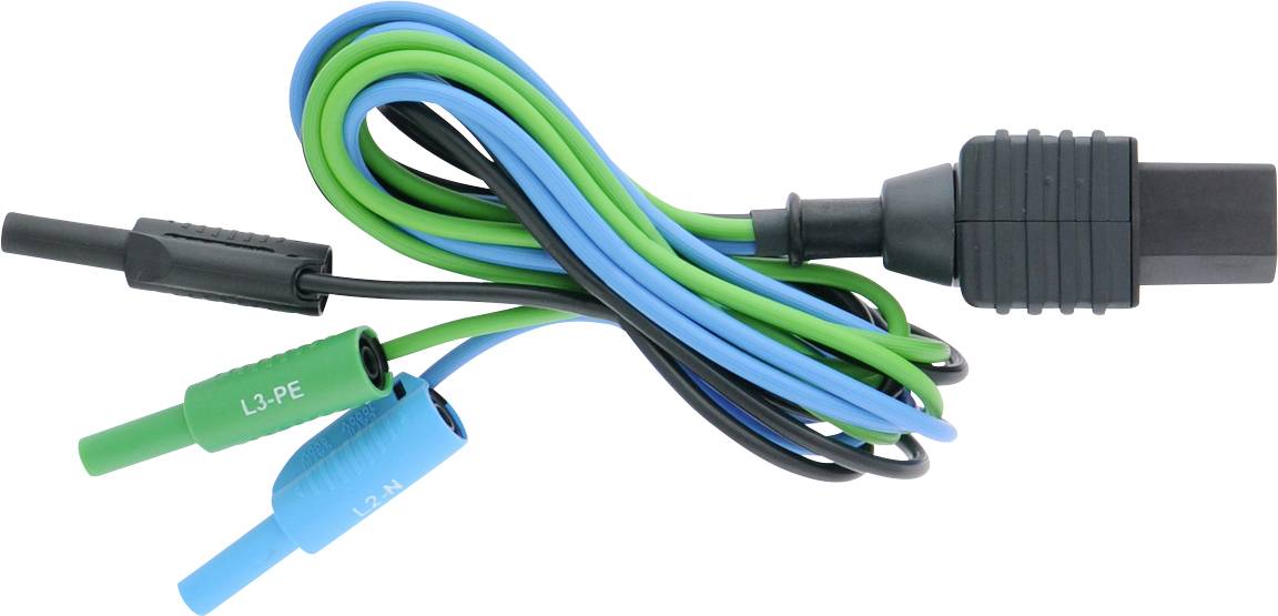 Multi-coloured cables with sockets 'L1-PE', 'L3-PE', black plug, likely for electrical connection or testing purposes.
