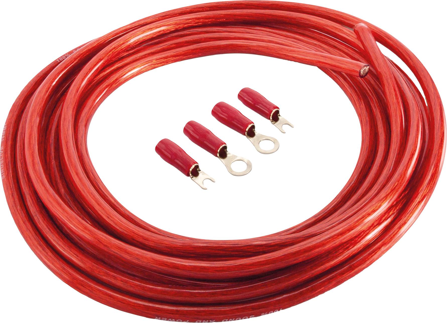Red cable reel with four cable connectors. Suitable for electrical connections in vehicles or electronic devices.