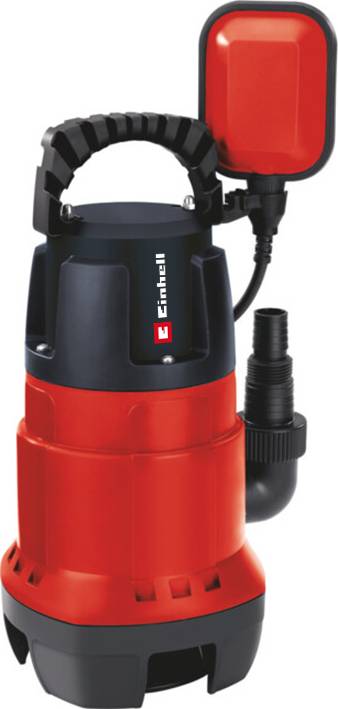 Red submersible pump with black handle and black connection. Suitable for water extraction in basements or cisterns.