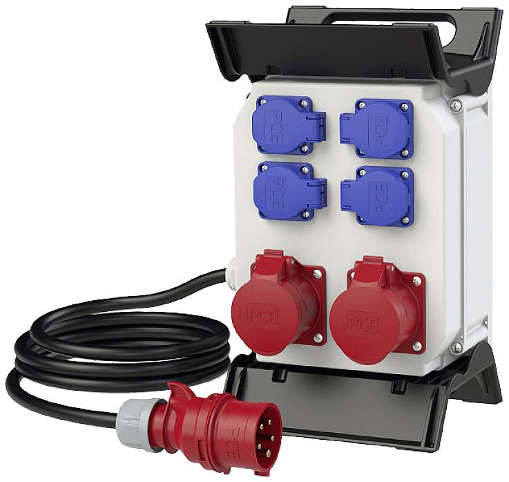 A portable power strip with four blue and two red sockets, connected by a black cable with a red plug.