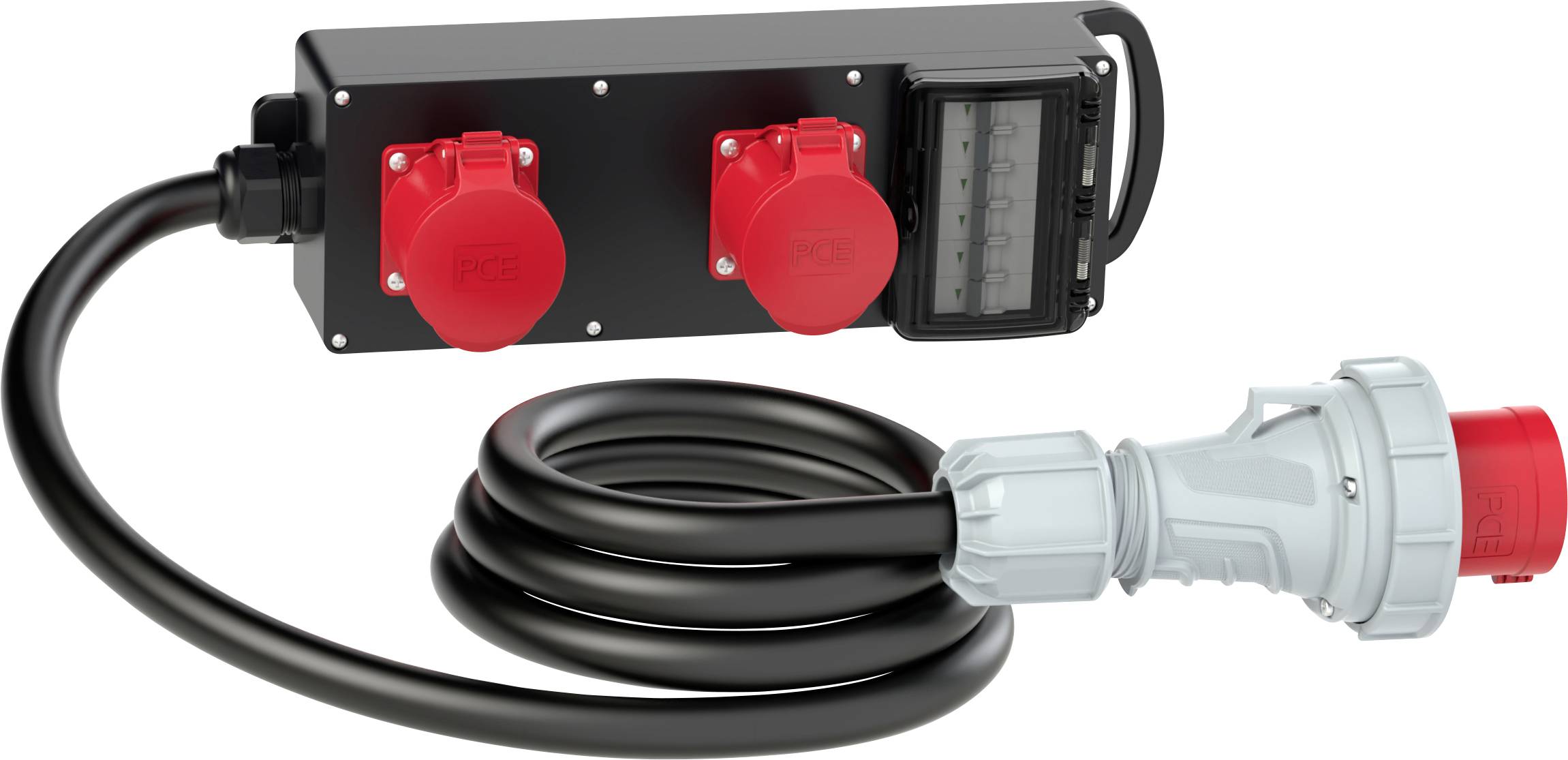 A black electric distribution device with a red plug and two sockets, connected by a coiled cable.