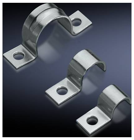 Three metal pipe clips in various sizes for securing pipes on a dark surface.